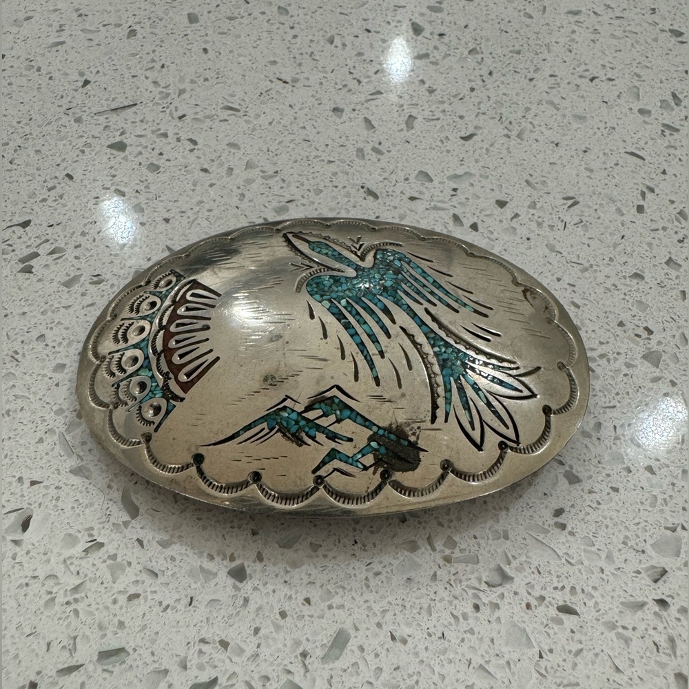 NAKAI Silver Turquoise and Coral Belt Buckle Indian Navajo